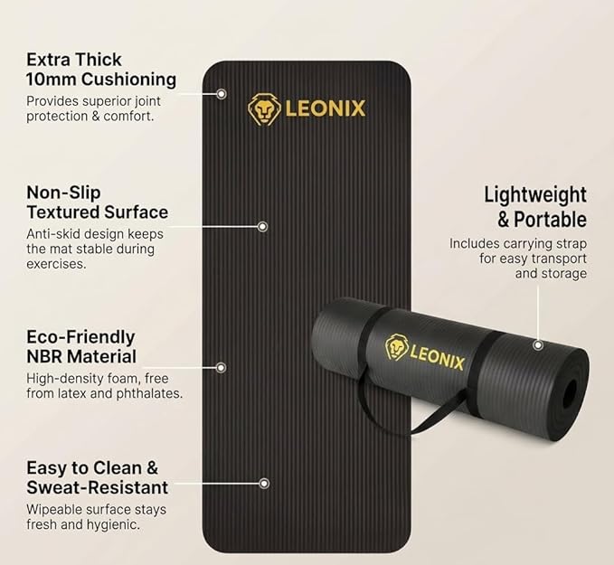Thick Yoga Mat 10mm Non-Slip Exercise Mat for Home Gym – Extra Cushion Workout Mat for Women & Men, Anti-Tear, Comfort Knee Support – Leonix