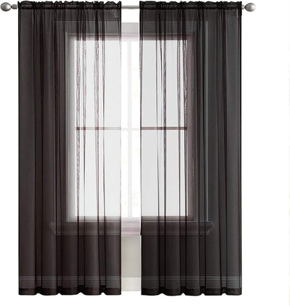 SpaceDresser Sheer Voile Window Treatment Rod Pocket Curtain Panels for Kitchen Bedroom Living Room Drapes Sunlight Filtering Privacy Semi Home Decor Assorted (Black, 52 W x 63 L)