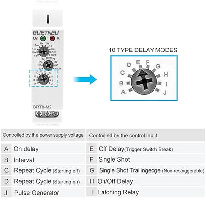 Relay 12V, Timer Relay Delay Off Trigger, Off Delay Timer with 10 Function Choices, Wide Voltage Multifunctional Relays for Electric Appliances, XS-SJ-M2-AC/DC12V~240V, 35mm DIN Rail Mounting