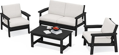 SERWALL HDPE Outdoor Furniture Set, 4 Piece Outdoor Sofa Set, Black Frame with Khaki Cushions