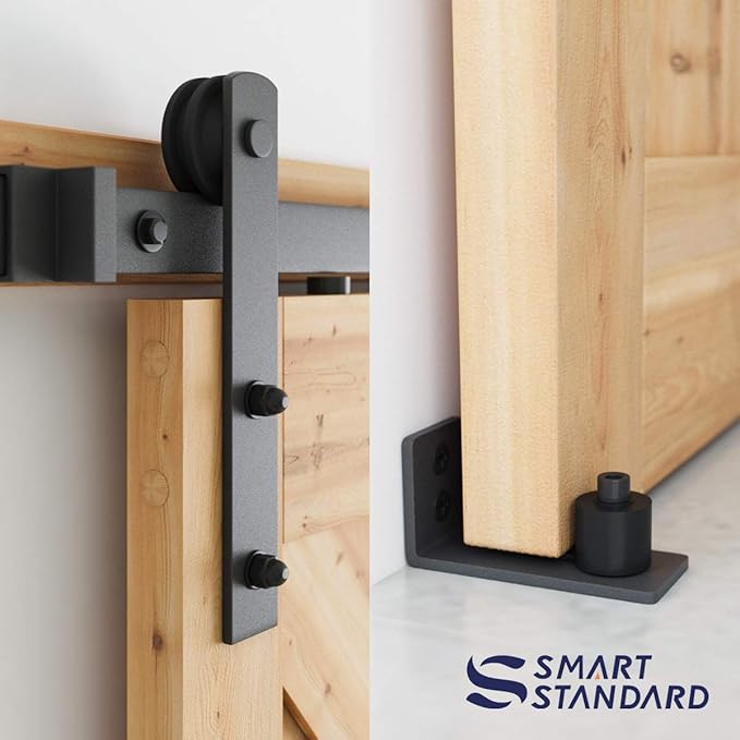 SMARTSTANDARD 4 FT Heavy Duty Sturdy Sliding Barn Door Hardware Kit, Black, (Whole Set Includes 1x Pull Handle Set & 1x Floor Guide) Fit 24" Wide Door Panel (I Shape Hanger)