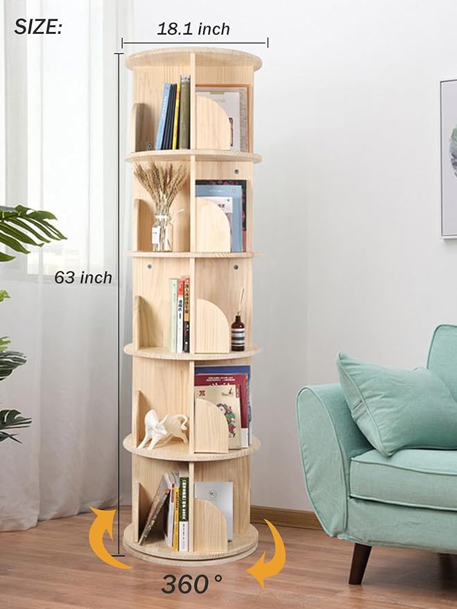 Rotating Bookshelf, 360 Display 5 Tier Floor Standing Bookcase Storage Rack for Kids&Adult, Wood Narrow Book Shelf Organizer for Bedroom, Living Room, Study Room(63 * 17.32 * 17.32inch)