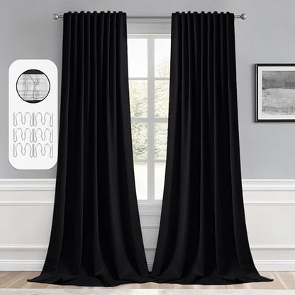 MIULEE Back Tab Blackout Curtains 105 Inch Long 2 Panels Set for Living Room Bedroom, Halloween Black Rod Pocket/Pinch Pleated Thermal Insulated Room Darkening Light Blocking Floor to Ceiling Drapes
