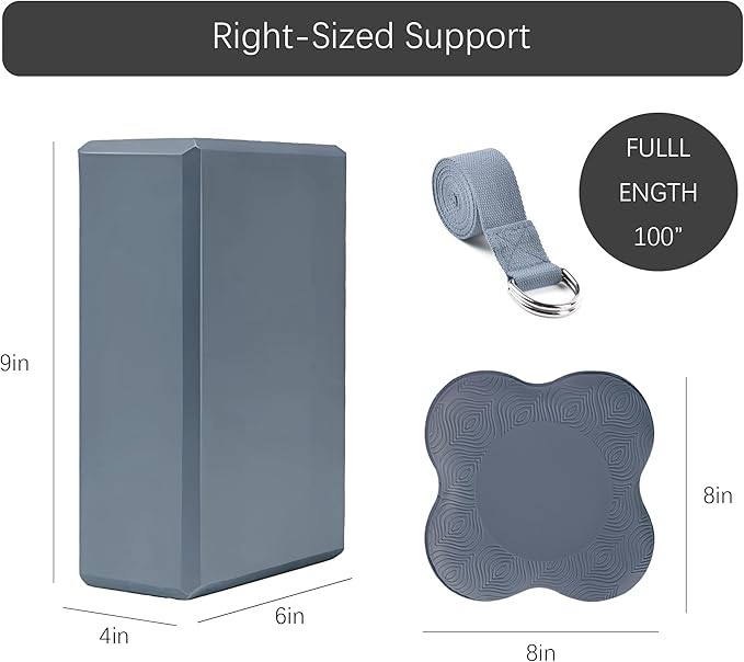2 Yoga Blocks Supportive Accessories including 2 Knee Pads, 2 With Strap To Put Less Weight On Wrists, 1 Muscle Massage Roller, 2 Pair of Non-Slip Pilates Socks, 1 GYM Bag, Durable Versatile Yoga Brick Exercise Set of 10