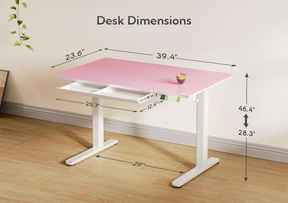 INNOVAR Glass Standing Desk with Drawers, Adjustable Height Electric Stand Up Desk, Small Standing Desks with Storage, 40 inch, Morandi Powder