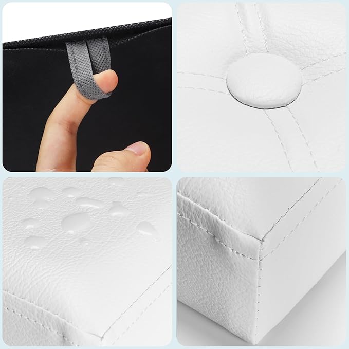 Storage Ottoman Foot Rest Stool, Small Leather Storage Ottomans Bench, Folding Footstool with Side Pockets, Foot Rest Under Desk for Living Room Bedroom, 17x13x13 in, White