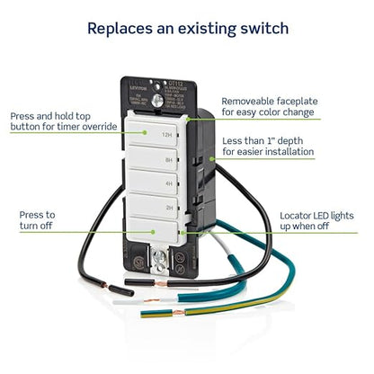 Leviton Countdown Timer Switch for household lights, heaters and exhaust fans, 2-4-8-12 hour, No Neutral Wire Required, Single Pole, 15A, 1/2 HP/9.8A Fan/Motor, DT112-1LW, White