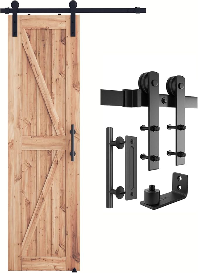 SMARTSTANDARD 4 FT Heavy Duty Sturdy Sliding Barn Door Hardware Kit, Black, (Whole Set Includes 1x Pull Handle Set & 1x Floor Guide) Fit 24" Wide Door Panel (I Shape Hanger)