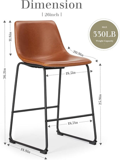 DUMOS 26 Inch Counter Height Bar Stools Set of 2, Modern Faux Leather High Barstools with Back and Metal Leg, Bar Chairs for Kitchen lsland, Brown