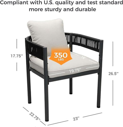 Grand patio 5-Piece Outdoor Dining Set for 4, Metal Woven Wicker Fixed Patio Chairs with Thickened Cushions & 1 Square Woodgrain Dining Table with Umbrella Hole for Backyard Deck (Black)