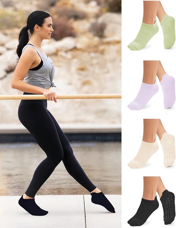 yeuG Pilates Socks for Women Non Slip Grip Socks for Yoga, Barre, Hospital, Barefoot Grippy Yoga Sock Womens Gifts 4 Pairs