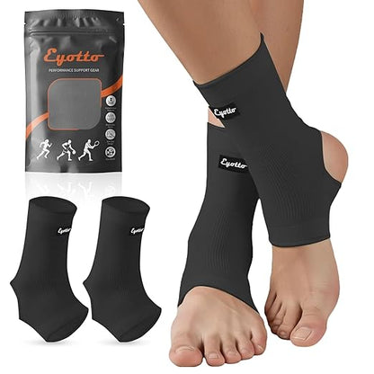 eYotto Open-Heel Ankle Sleeves (1 Pair), Breathable Foot & Ankle Compression Support for Swelling, Plantar Fasciitis & Sprain Relief for Men & Women(Black)