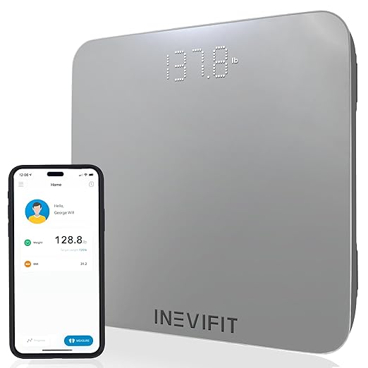 INEVIFIT Smart Bathroom Scale, Highly Accurate Bluetooth Digital Bathroom Body Weight Scale, Precisely Measures Weight & BMI for Unlimited Users (S-Silver)