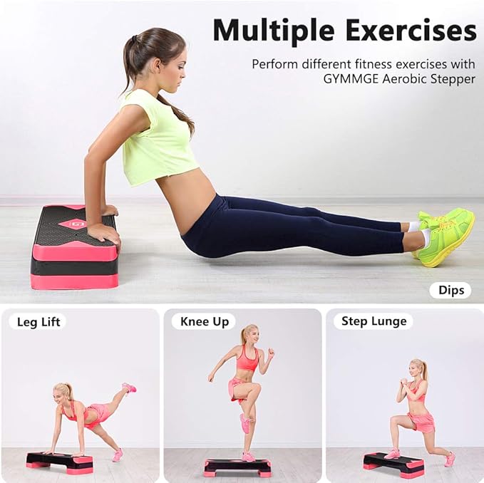 GYMMAGE Adjustable Workout Aerobic Stepper, Aerobic Exercise Step Platform with 2 Risers, Exercise Step Deck for Fitness, 26.5" Trainer Stepper with Non-Slip Surface Home Gym & Extra Risers Options