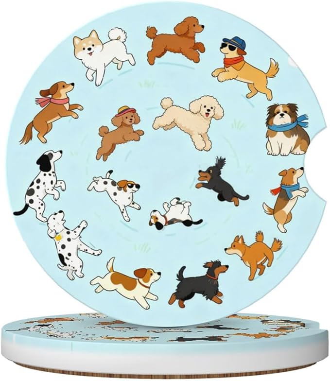Car Cup Holder Coasters, 2 Pcs Ceramic Coasters with Finger Slot and Cork Back, Anti-Slip Shock Absorbing Women and Men Universal Car Accessories - Cute Dog Circle