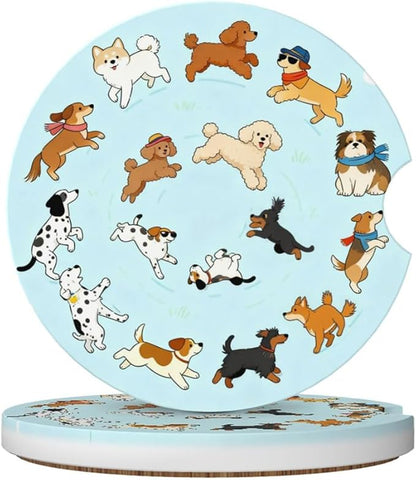 Car Cup Holder Coasters, 2 Pcs Ceramic Coasters with Finger Slot and Cork Back, Anti-Slip Shock Absorbing Women and Men Universal Car Accessories - Cute Dog Circle