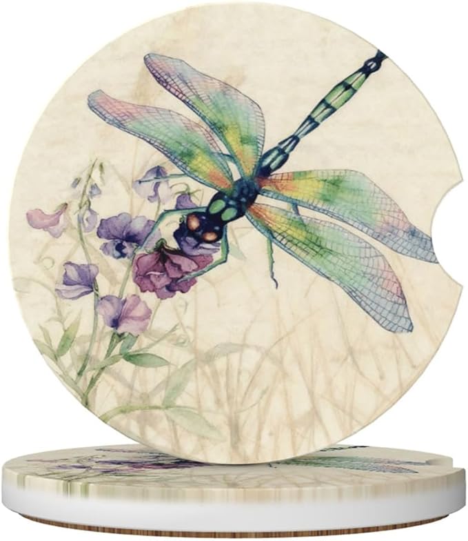Car Cup Holder Coasters, 2 Pcs Ceramic Coasters with Finger Slot and Cork Back, Anti-Slip Shock Absorbing Women and Men Universal Car Accessories - Dragonfly