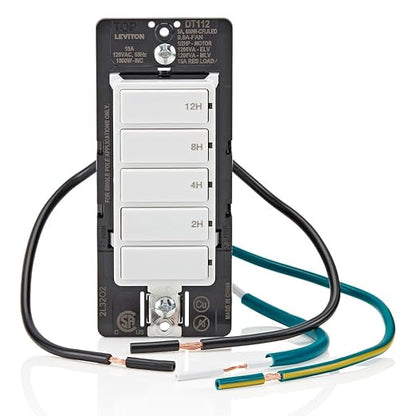 Leviton Countdown Timer Switch for household lights, heaters and exhaust fans, 2-4-8-12 hour, No Neutral Wire Required, Single Pole, 15A, 1/2 HP/9.8A Fan/Motor, DT112-1LW, White