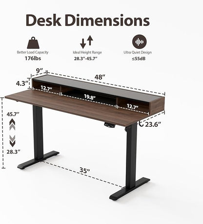 Agilestic Glass Standing Desk with Storage, 48 Inch Electric Adjustable Desk with Glass Shelf and Cable Management, Sit Stand Up Home Office Computer Table, Splice Board, Dark Walnut