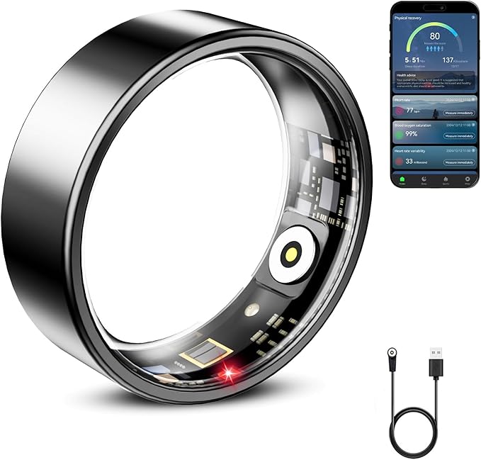 Mirlray Smart Ring for Women & Men, Smart Ring Health Tracker, Blood Oxygen & Heart Rate Monitor, Long Lasting Battery Sleep Ring, Waterproof Fitness Ring (Black, 10)