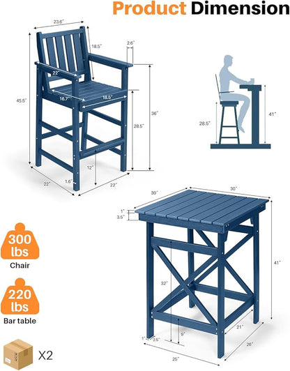 5 Pieces Adirondack Bar Chairs Set, HDPE Patio Bar Height Table and Chairs, Tall Adirondack Outdoor Bar Stools Set, HDPE Patio Bar Table Sets Furniture for Poolside, Balcony, Garden, Navy