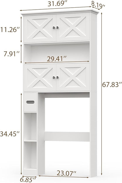 Over The Toilet Storage Cabinet, Farmhouse Storage Cabinet Over Toilet with 4 Barn Doors & Toilet Paper Holder Stand, White Toilet Shelf Home Space Saver for Restroom, Bathroom, Laundry