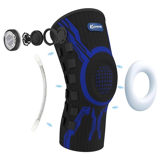 Kuangmi Knob Knee Brace for Pain Relief, Knee Support with Patella Gel Pad & Side Stabilizers, Compression Knee Sleeve for Workout, Arthritis, Joint Pain, Meniscus Tear (Blue Black,Right,Medium,Single)