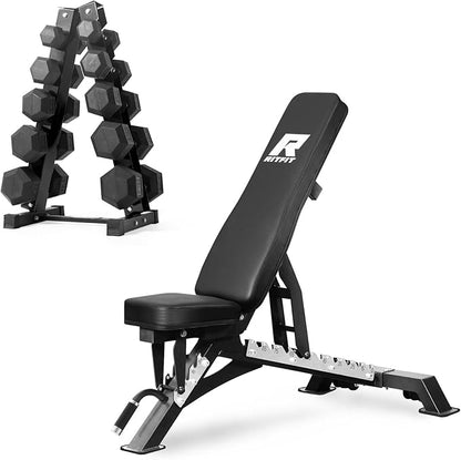 RITFIT 300/350/650LBS Rubber Coated Hex Dumbbell Set with Rack and Multi-Position Weight Bench, 1300LB Capacity for Full Body Workout