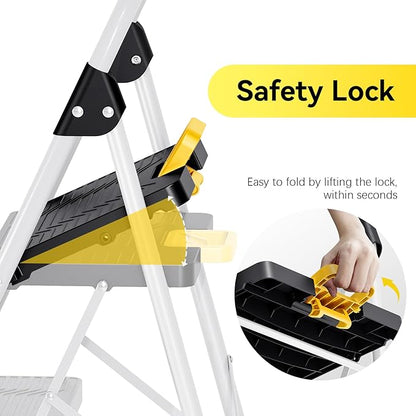 KINGRACK 4 Step Folding Ladder, 800lbs Capacity Step Stool with Safety Lock, Non-Skid Wide Pedals, and Handrail, Lightweight, Household Ladder for Home, Kitchen, Pantry, Closets, and Office Use, White