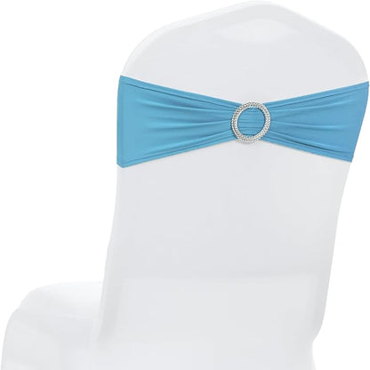 MDS Pack of 150 Spandex Chair Sashes Bow Universal fits Elastic Stretch Chair Bands Ties with Buckle for Wedding Party Banquet Events Decoration Spandex Slider Sashes Bow - Blue