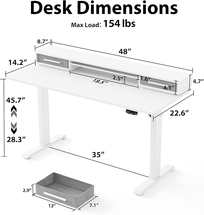 Agilestic 48 Inch Electric Standing Desk with Drawers, Adjustable Desk with Storage Shelf, Stand Up Home Office Computer Table, Splice Board, White