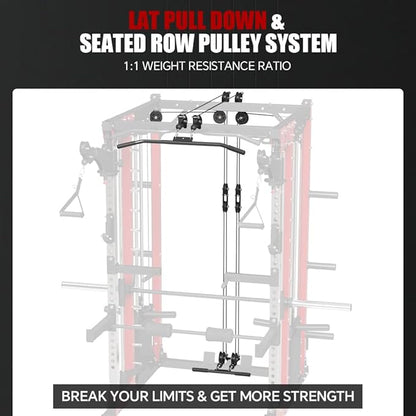 Commercial Smithe Machine with Dual Weight Stacks, Power Cage Squat Rack with Lever Arm & Leg Press Attachment, Multi-Function Linear Bearing Cable Crossover Machine for Home Gym
