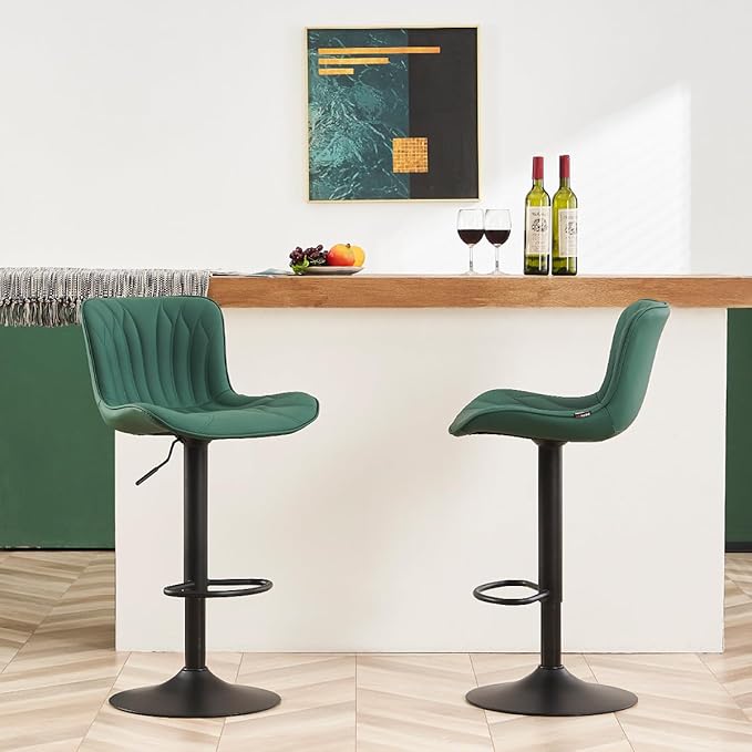 YOUNUOKE Bar Stools Set of 2, Counter Height Stools for Kitchen, 24 inch Swivel Barstools, Adjustable Island Chairs with Back, Dark Green