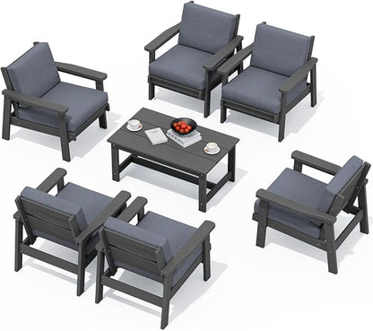 SERWALL HDPE Outdoor Furniture Set, 7 Piece All Weather Wood-Like Outdoor Sofa Sectional Couch, Grey Patio Furniture Set with Grey Cushions