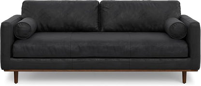 SIMPLIHOME Morrison 89-inch Wide Sofa in Lead Black Genuine Leather, Mid-Century Modern Design Couch for Living Room, Single Bench Cushion, 2 Back Cushions, 2 Bolster Pillows