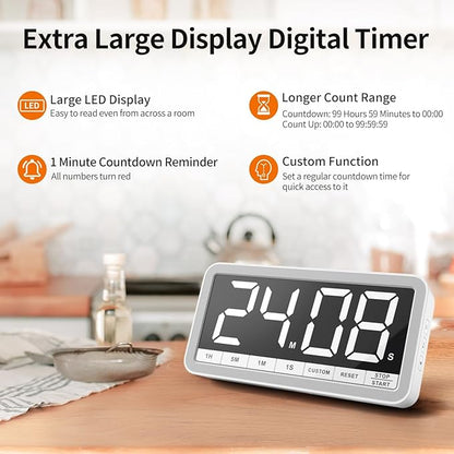 VOCOO Digital Kitchen Timer with 7.8” Extra Large Display, Magnetic, LED with 3 Brightness, 4 Alarms and 3 Volume Levels, Battery Countdown Count Up Timer for Cooking, Classroom, Home Gym (White)