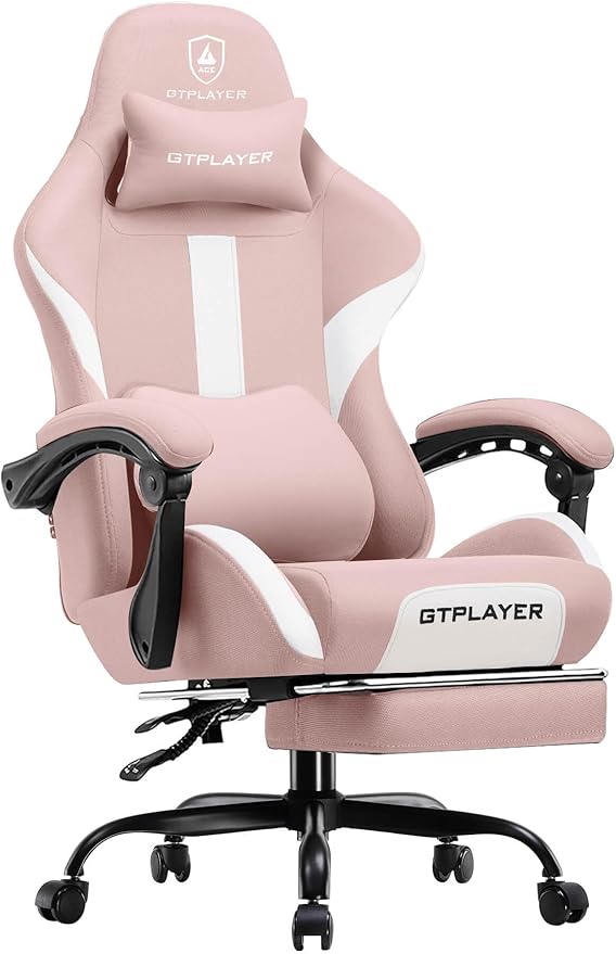GTRACING Gaming Chair with Foot Rest & Pocket Spring Cushion, Breathable Fabric for Home Office Desk, Ergonomic High Back Computer Chair with Headrest & Lumbar Support, Pink