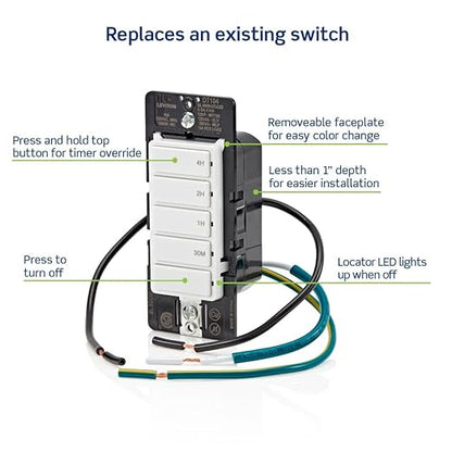 Leviton Countdown Timer Switch for household lights, heaters and exhaust fans, 30 min, 1-2-4 hour, No Neutral Wire Required, Single Pole, 15A, 1/2 HP/9.8A Fan/Motor, DT104-1LW, White