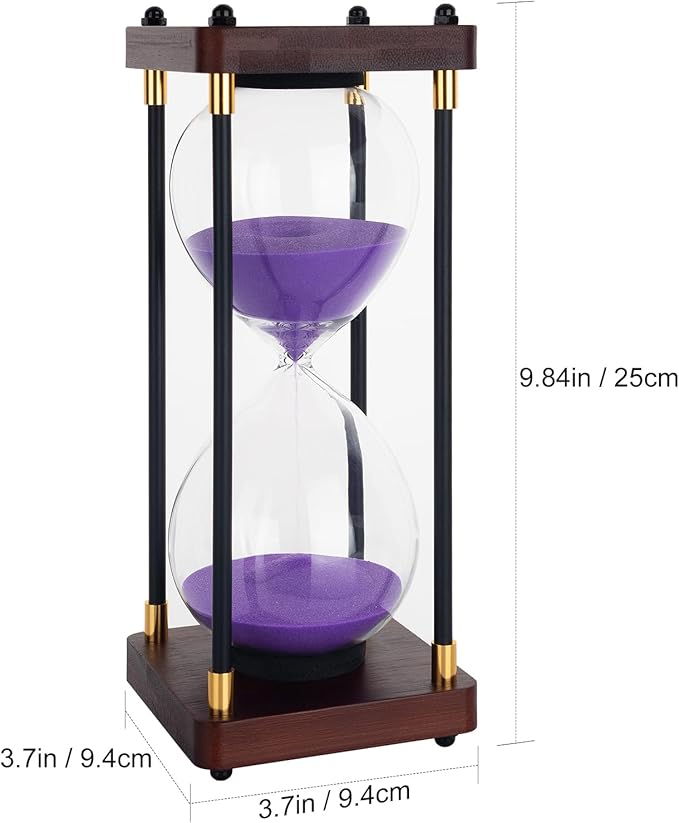 60 Minutes Sand Hourglass Timer, Vintage Sand Clock 60 Minutes, Large White Sander with Wooden End Caps, Hour Glass Sandglass Timer for Games Classroom Kitchen Decor (Purple Sand)