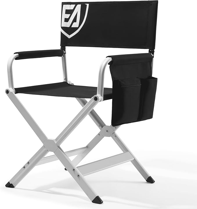 EVER ADVANCED Aluminum Directors Chair, Folding Studio Movie Chairs Camping Event Vendor Chair, 19" Seat Height Black Fabric/White Frame, Support 350lbs
