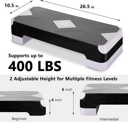 GYMMAGE Adjustable Workout Aerobic Stepper, Aerobic Exercise Step Platform with 2 Risers, Exercise Step Deck for Fitness, 26.5" Trainer Stepper with Non-Slip Surface Home Gym & Extra Risers Options