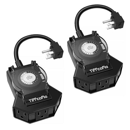 Outdoor Timer Outlet Waterproof, 24 Hour Mechanical Light Timer Outdoor, 2 Grounded Outlets for Home and Garden, 15A 1/2HP, Heavy Duty, ETL Listed (2 Packs)
