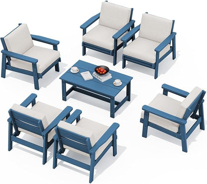 SERWALL HDPE Outdoor Furniture Set, 7 Piece All Weather Wood-Like Outdoor Sofa Sectional Couch, Blue Patio Furniture Set with Khaki Cushions