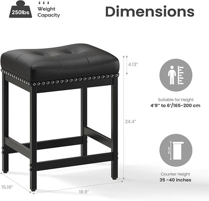 MALOL Set of 2 Saddle Bar Stools Counter Height 24.4”, Black Backless Barstools for Kitchen Island, Modern PU Leather Cushioned Seat, Bar Chairs for Kitchen Counter, Breakfast Bar Stools for Home