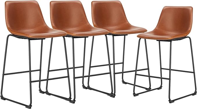 DUMOS 26 Inch Counter Height Bar Stools Set of 4, Modern Faux Leather High Barstools with Back and Metal Leg, Bar Chairs for Kitchen lsland, Brown