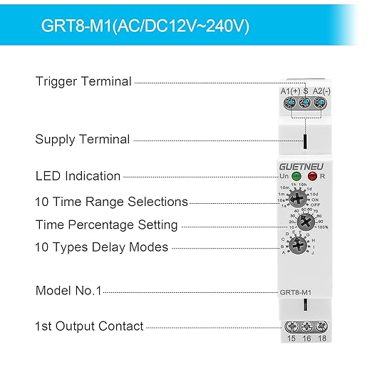 Relay 12V, Timer Relay Delay Off Trigger, Off Delay Timer with 10 Function Choices, Wide Voltage Multifunctional Relays for Electric Appliances, XS-SJ-M1-AC/DC12V~240V, 35mm DIN Rail Mounting