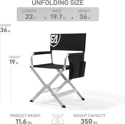 EVER ADVANCED Aluminum Directors Chair, Folding Studio Movie Chairs Camping Event Vendor Chair, 19" Seat Height Black Fabric/White Frame, Support 350lbs