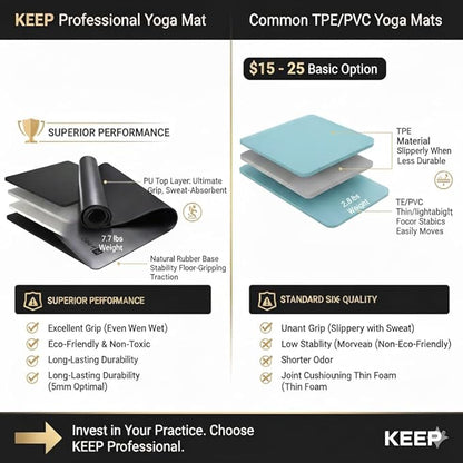 KEEP Rubber Yoga Mat - Professional Sweat Absorbent PU & Natural Rubber. Non Slip Workout Mats for Women & Men, 5mm Thick, 74"x26" Extra Long Wide Pad for Hot Yoga, Pilates, HIIT, Home Gym - Strap Included