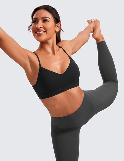 CRZ YOGA Butterluxe V-Neck Sports Bras for Women - Adjustable Thin Straps Padded Yoga Top Basic Wireless Camisole