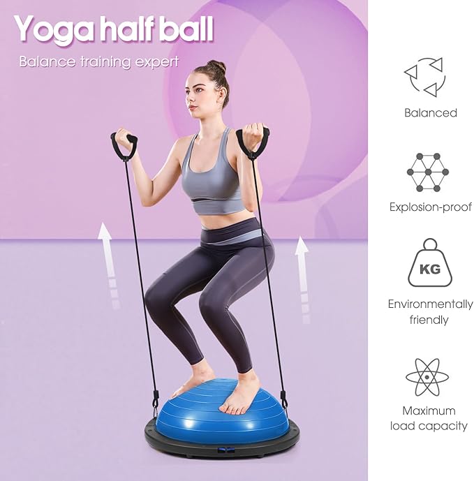 Balance Ball Trainer, 26 inch Half Exercise Ball with Resistance Bands, Home Gym Full Body Workout Equipment, Blue